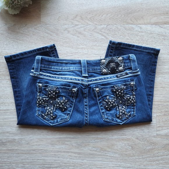 Miss Me Signature Bermuda Embellishing Jean Shorts Zip Blue-Silver - Picture 3 of 7